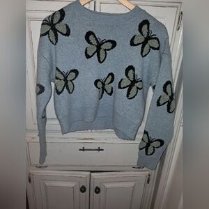 NWOT Butterfly Motif Blue Crop Top Sweater SMALL